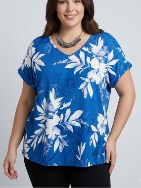 😍SHOW SPECIAL LILY MORGAN Blue & White Floral Drop Sleeve Blouse Ring Detail XL